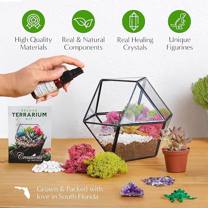 Creations by Nathalie – DIY Large Terrarium Starter Kit with Soil, Moss, Pebbles, Healing Crystal, Tools & Supplies – Terrarium Kit for Adults & Kids, Handcrafted in USA