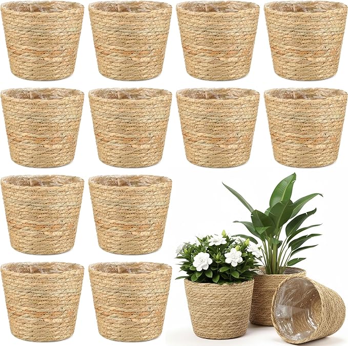 12 Pcs Seagrass Plant Basket with Plastic Liners Woven Stylish Planter Baskets Bulk Indoor Outdoor Plants Woven Wicker Baskets for Flower Pots Cover and Room Decor Small (Small,Rustic)