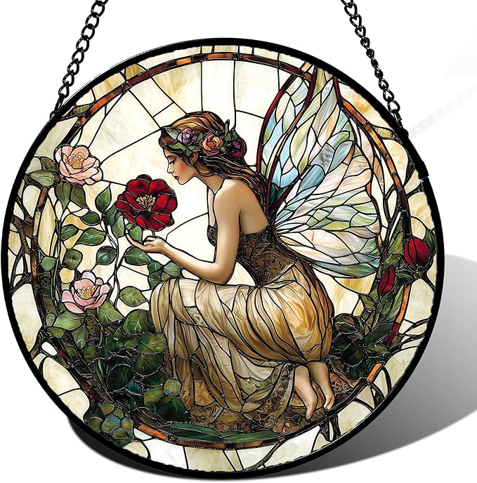 JOSUMALY Stained Glass Window Hanging - Butterfly Flower Fairy Suncatcher for Door Terrace Garden Home Decor Yellow Green Plants Sun Catcher Birthday Gifts for Lovers Women Men Dad Mom Nana 11.8 in