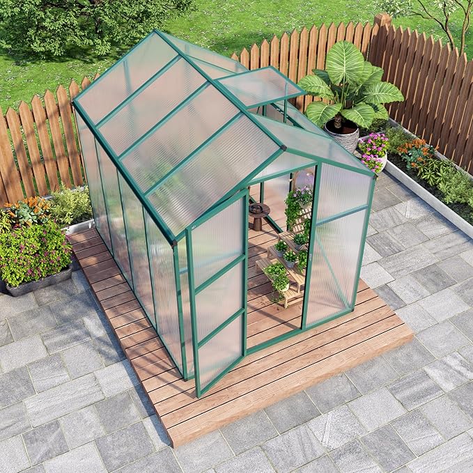 6x8 FT Greenhouse,Outdoor Polycarbonate Greenhouse with Roof Vent & Integrated Gutters,Aluminum Walk-in Green House W/ Reinforced Frame for Outside Garden Backyard,Green
