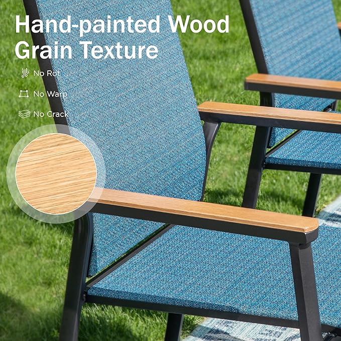 PHI VILLA Outdoor Stackable Chairs, Patio Chairs Set of 2, Light Weight Aluminum Frame with Textilene Fabric & Wood Armrest, High Back Deck Chairs for Poolside Lawn Garden, Blue