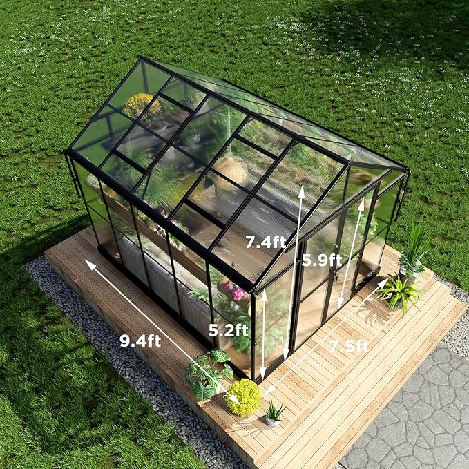 HOWE 8x10x7.5 FT Polycarbonate Greenhouse Double Swing Doors 2 Vents 5.2FT Added Wall Height, Walk-in Large Aluminum Sunroom Winter Greenhouse for Outdoors, Black