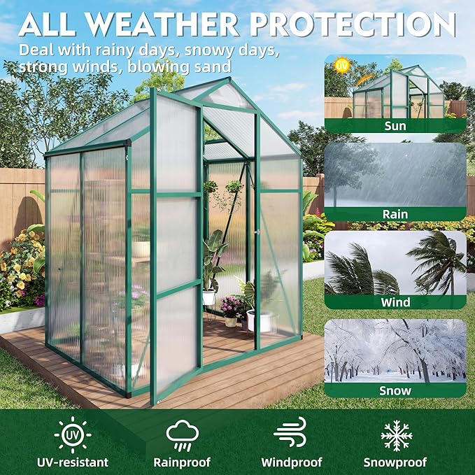 KEIKI 6x4 FT Polycarbonate Greenhouse for Outdoors, Heavy-Duty Aluminum Walk-in Greenhouse with Raised Base, Roof Vent & Drainage System, All-Season Garden Greenhouse, Green