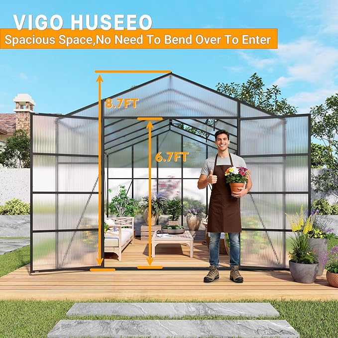 Greenhouse for Outdoors 10x14X8.7FT, Polycarbonate Greenhouses with Stronger Wind Protection and Roof Vent, Walk-in Large Aluminum Winter-Proof Sunroom, Black