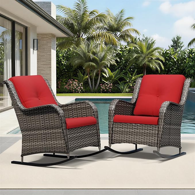 Joyside Outdoor Rocking Chairs Set of 2, Wicker Patio Furniture with High Back, Deep Seating, Wide Armrest, Thickened Cushions, Outdoor Rattan Furniture for Deck, Porch Use