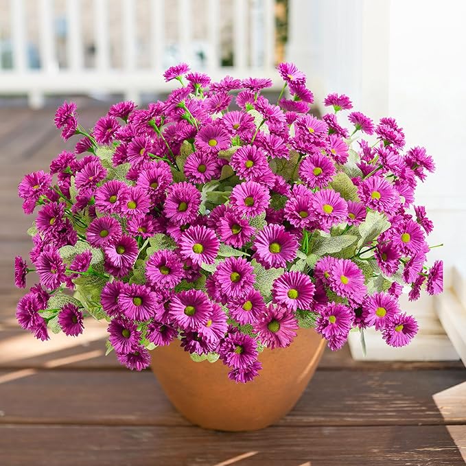 HyeFlora Artificial Flowers for Outdoors Spring Summer Outside Decor, 6 Bundles Fake Daisy Wild Silk Flowers UV Resistant Outdoor Faux Plants for Planter Front Door Porch Balcony Yard, Fuchsia