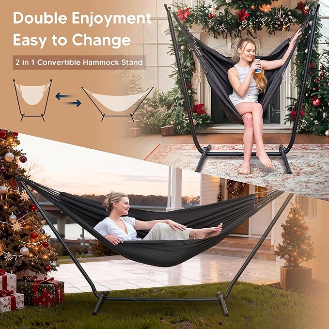 SUNCREAT 2-in-1 Hammocks Convertible Portable Double Hammock with Stand Included, Outdoor Hammock and Stand, Patented, Dark Grey