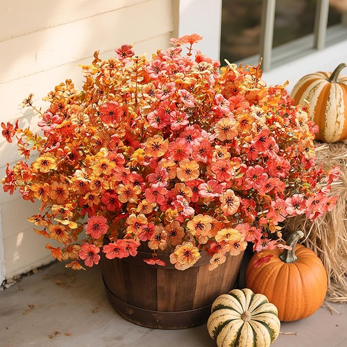 florisso Artificial Fall Flowers Fake Mums for Outdoor Autumn Decoration, 12 Bundles Faux Silk Orange Yellow Mums Daisy Look Real UV Resistant for Outside Home Porch Patio Planter