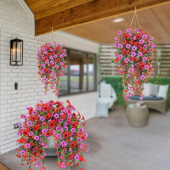 Artificial Fake Hanging Flowers Plants for Outdoor Outside Spring Summer Decoration 2PCS Faux Silk UV Resistant Realistic Mums Daisy with Eucalyptus for Home Porch Patio Balcony(Red & Magenta)