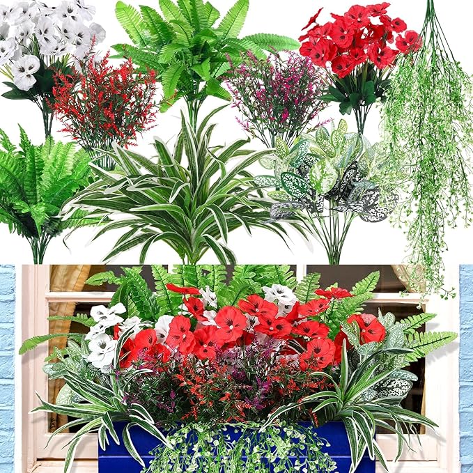 24 Pcs Outdoor Artificial Plants UV Resistant Faux Plant Fake Greenery Stems Faux Shrubs Flower for Outside Hanging Front Porch Patio Garden Window Box Home Wedding Summer Spring Decor(Green Red)