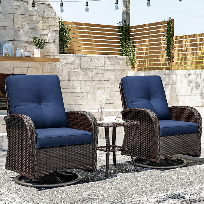 Joyside Outdoor Swivel Rocker Chairs, 3 Piece Wicker Patio Set with Thickened Cushions, High Back, Deep Seating, Wide Armrest, Outdoor Swivel Chairs for Porch, Deck