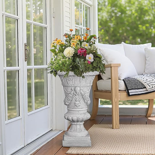 Christopher Knight Home Jorine Light Concrete Planter, Patio Planter, Mid-Centry Gadern Urn, Large Garden Pot, Floral Statue Design, Flower Urn with Drainage Hole for Backyard Home, Light Gray