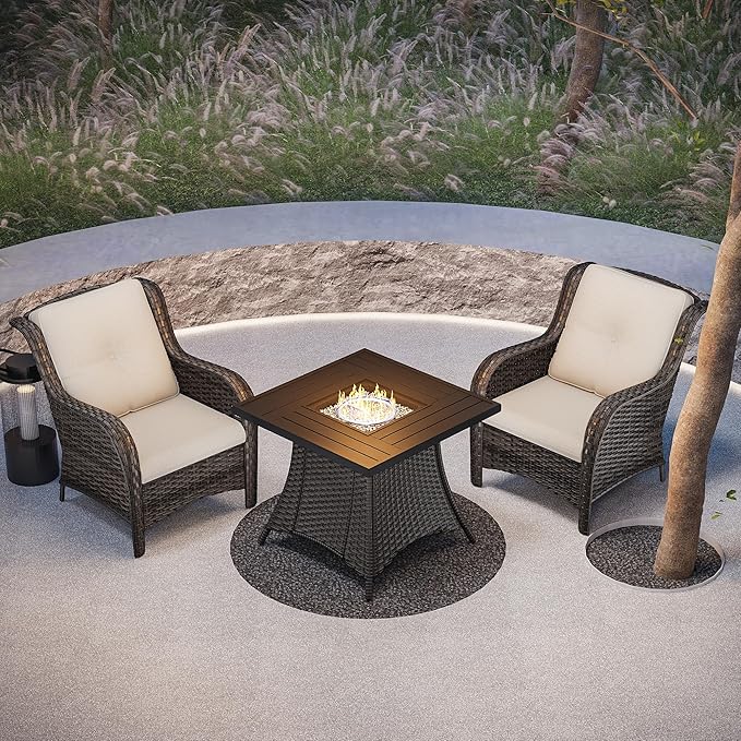 Joyside 3 Piece Wicker Patio Furniture Set with Fire Pit Table, Rattan Patio Chairs with High Back, Deep Seating, Wide Armrest, Thickened Cushions, Outdoor Furniture for Deck, Porch Use
