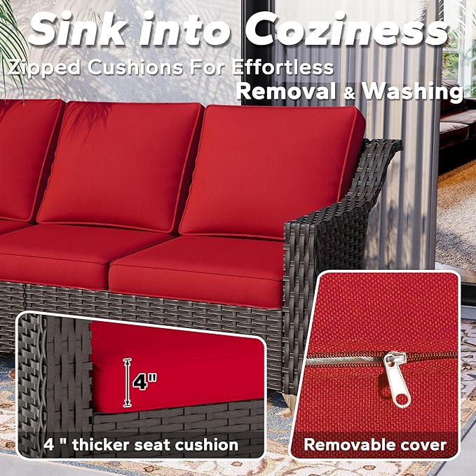 5 Pieces Patio Conversation Furniture Set - 1 Sofa, 4 Swivel Chairs, Outdoor Wicker Furniture with Removable Cushions for Porch, Balcony, Sunroom (Red)