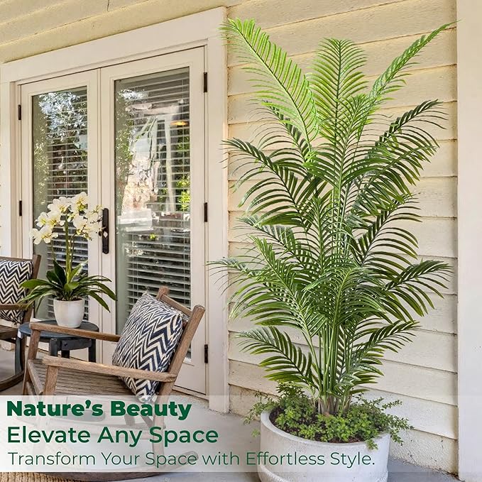 FloraFairy 6FT Tall Artificial Palm Trees, Potted Plant (2 Pack) Tropical Areca Palm, UV Resistant Indoor/Outdoor Fake Plant in Black Cement Pot, Realistic Decor for Patio, Living Room, Office