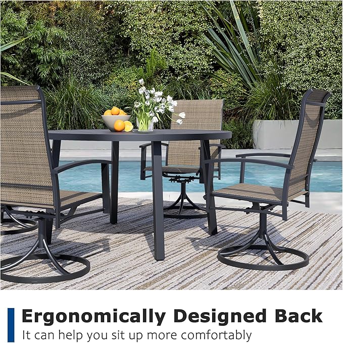 7 Pieces Outdoor Table and Chairs for 6, 47" Black Round Table with 6 Mocha Swivel Chairs, Patio Set with Swivel Chair, Garden Tables for Outdoor, Patio Dining Set for Lawn Backyard Poolside