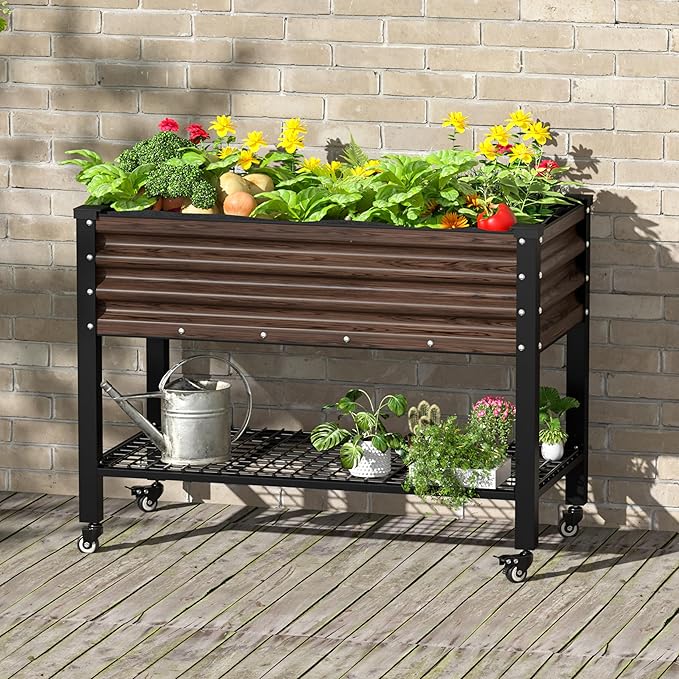 48" W x 24" D x 34" H Galvanized Raised Garden Bed with Lockable Wheels, Raised Garden Beds Outdoor with Drainage Gaps & Shelf, Planter Boxes Outdoor for Backyard, Patio, Balcony, Rustic