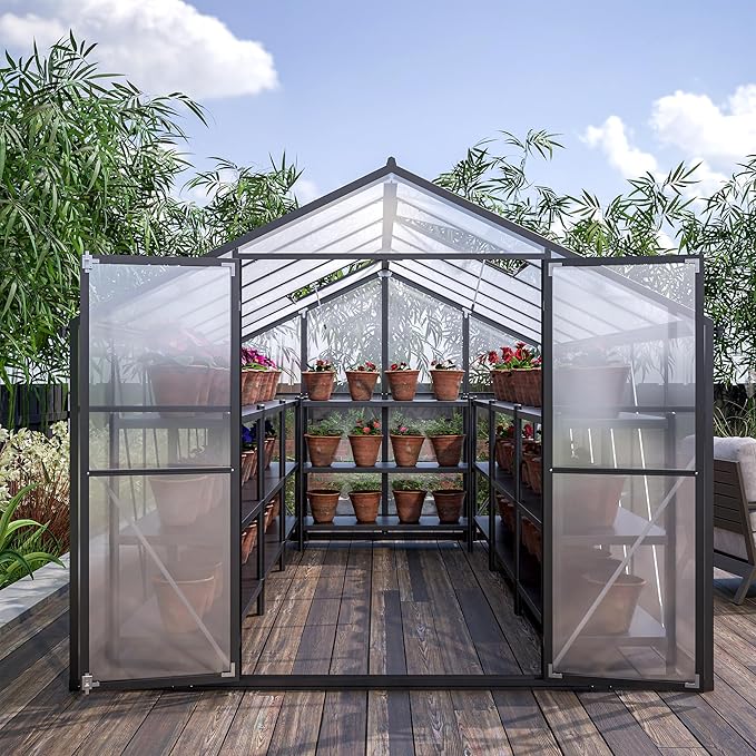 8x12 FT Greenhouses for Outdoor, Heavy Duty Polycarbonate Greenhouse,Large Walk-in Garden Green House with Double Doors and Two Ventilation Windows for Outside, Backyard,Black