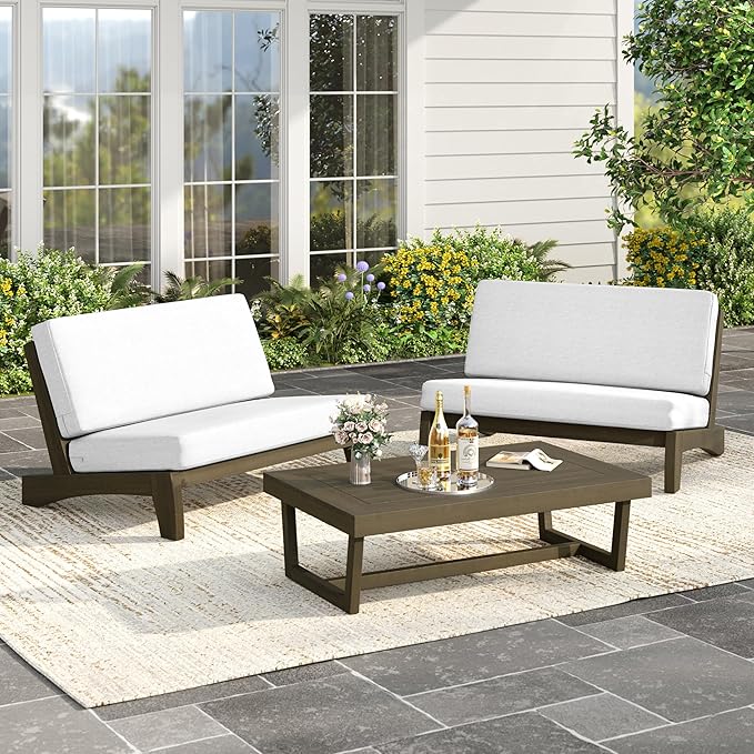 3 Piece Outdoor Wood Patio Loveseat Bistro Set, Wooden Conversation Patio Table and Chairs Furniture Set with Coffee Table for Porch Balcony Deck Backyard