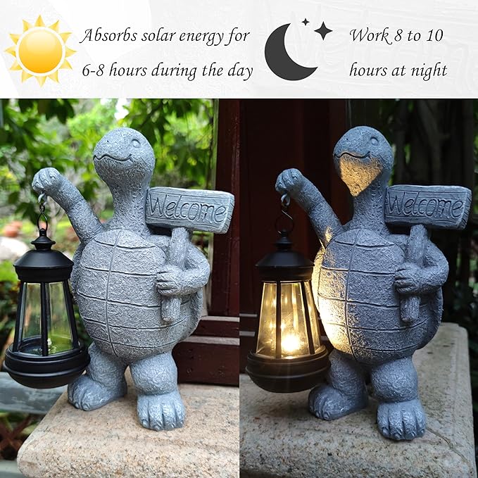 Qobumy Sea Turtle Solar Garden Statues,Resin Sea Turtle Figurine Decorations with Solar Lights Lantern, Outdoor Figurines Lawn Garden Statue Decor Art for Lawn,Yard, Balcony Ornament.
