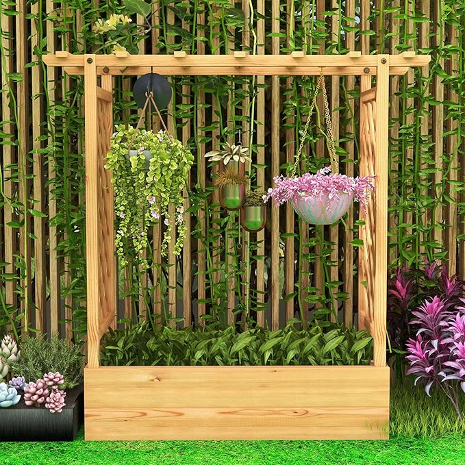 HAPPYGRILL Raised Garden Bed with Trellis, 2 Pack Freestanding Wood Planter Box w/Hanging Roof & 4 Drainage Holes for Vine Climbing Plants Flowers, Outdoor Planter with Trellis for Garden Patio Yard