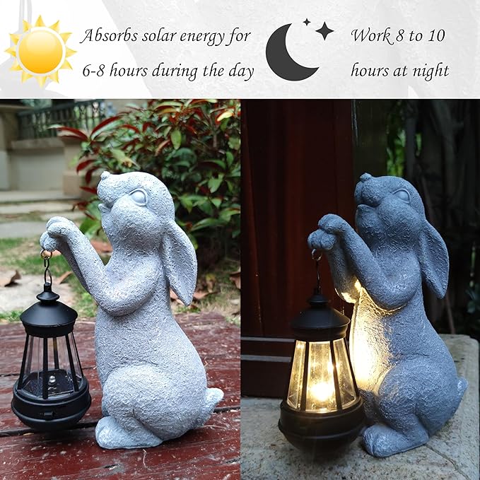Qobumy Rabbit Solar Garden Statues,Resin Rabbit Figurine Decorations with Solar Lights Lantern, Outdoor Figurines Lawn Garden Statue Decor Art for Lawn,Yard, Balcony Ornament.
