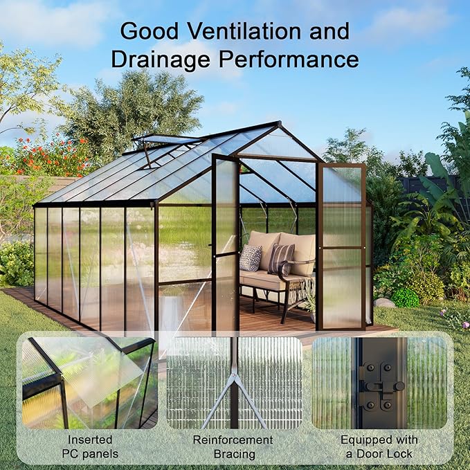 8X12 FT Polycarbonate Greenhouse, 6 FT Height Aluminum Large Green Houses for Outside Heavy Duty, Quick Setup Walk in Greenhouses with 2 Roof Vent and Rain Gutter for Outdoor, Black (143"Wx96"Dx77"H)
