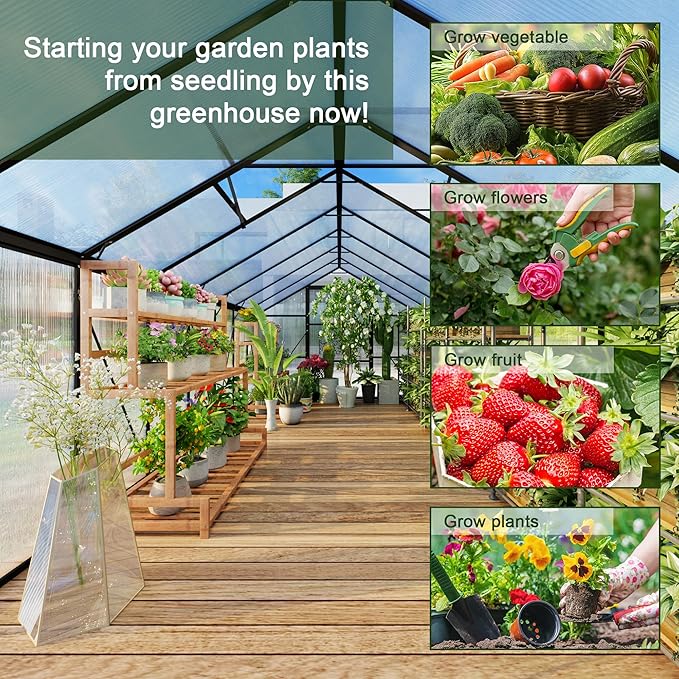 8X16 FT Greenhouse, Walk in Greenhouse with Roof Vent and Rain Gutter, Quick Setup Aluminum Large Polycarbonate Greenhouses for Outdoor Backyard Garden, Black (189" W x 96" D x 77" H)