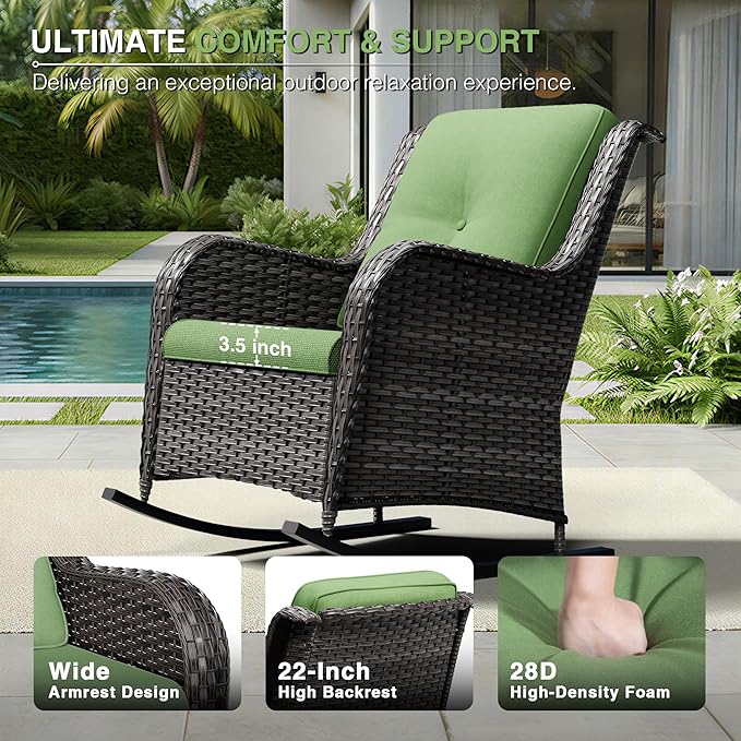 Joyside Outdoor Rocking Chairs Set of 2, Wicker Patio Furniture with High Back, Deep Seating, Wide Armrest, Thickened Cushions, Outdoor Rattan Furniture for Deck, Porch Use
