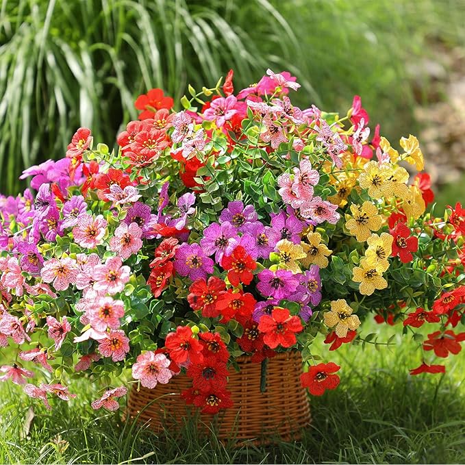 Artificial Flowers Outdoor, Faux Silk Flowers Plastic Plants for Outdoors Indoor Outside Front Porch Hanging Planter Window Box Garden Home Decoration, 14 Pack (Mix)