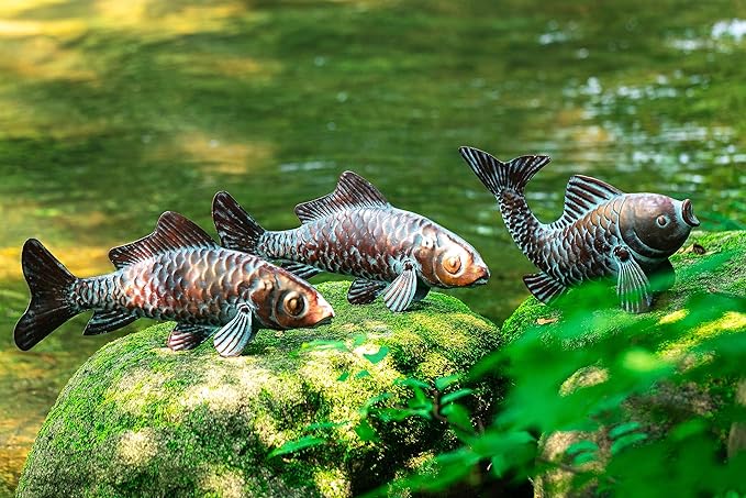 Metal Koi Fish Statues Garden Decor Antique Copper Koi Outdoor Sculptures & Statues for Patio,Backyard,Pond,Home Decoration,Metal Fish Stakes for Outside,Gardening Gift for Mom Grandma,Set of 3