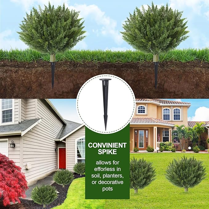 15.7" Christmas Fake Shrubs, Artificial Cedar Ball Tree Plant, 2 Packs of Fake Cedar Outdoor shrubs with Ground Spike, UV Resistant Fake shrubs, Used for Indoor and Outdoor Front Porch Gardens