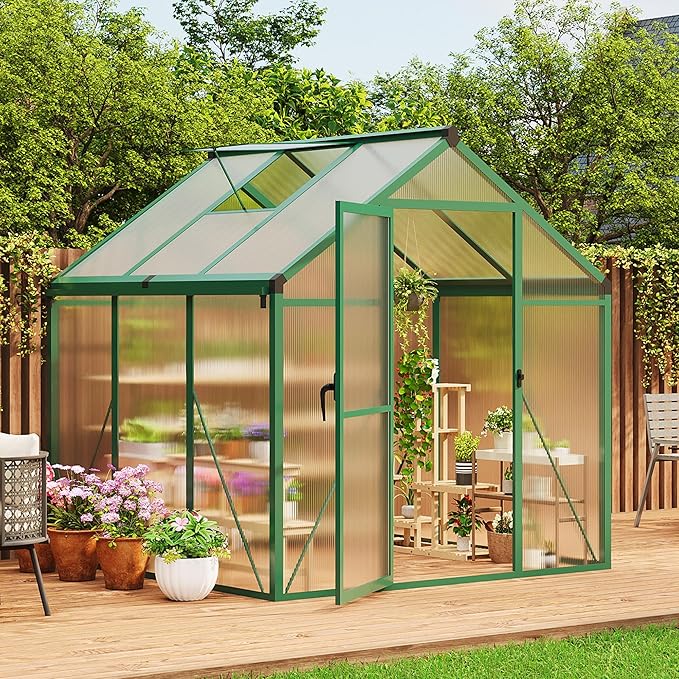 6x6 FT Greenhouse, Greenhouses for Outside, Polycarbonate Greenhouse with Aluminum Frame, Lockable Door and Ajustable Roof Vent for Backyard, Green Houses for Outside Garden Backyard, Patio