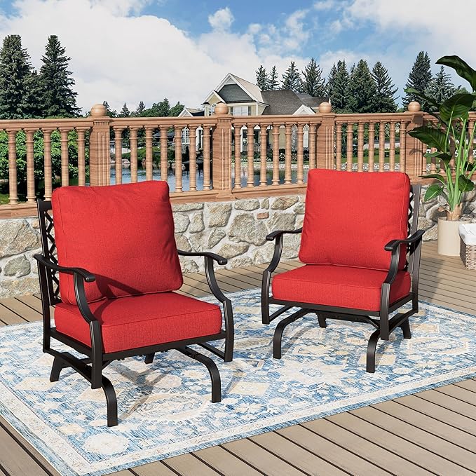 Patio Chairs Set of 2, High Back Outdoor Patio Metal Chairs with 5.75" Thick Cushions for Bistro Balcony Porch Deck and Yard, Red
