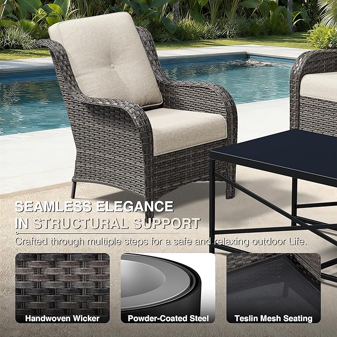 Joyside 5 Piece Wicker Patio Furniture Set, Rattan Patio Chairs with High Back, Deep Seating, Wide Armrest, Thickened Cushions, Outdoor Furniture for Deck, Porch Use