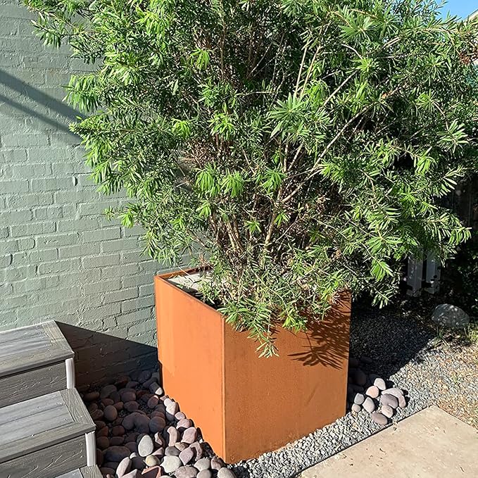 GZGNEEVL Corten Steel Planter Box Large Outdoor Planter Square Cube Planters Rustic Metal Garden Flower Pot 24 Inch Durable Antique Detached for Commercial Residential Patio Deck and Yard