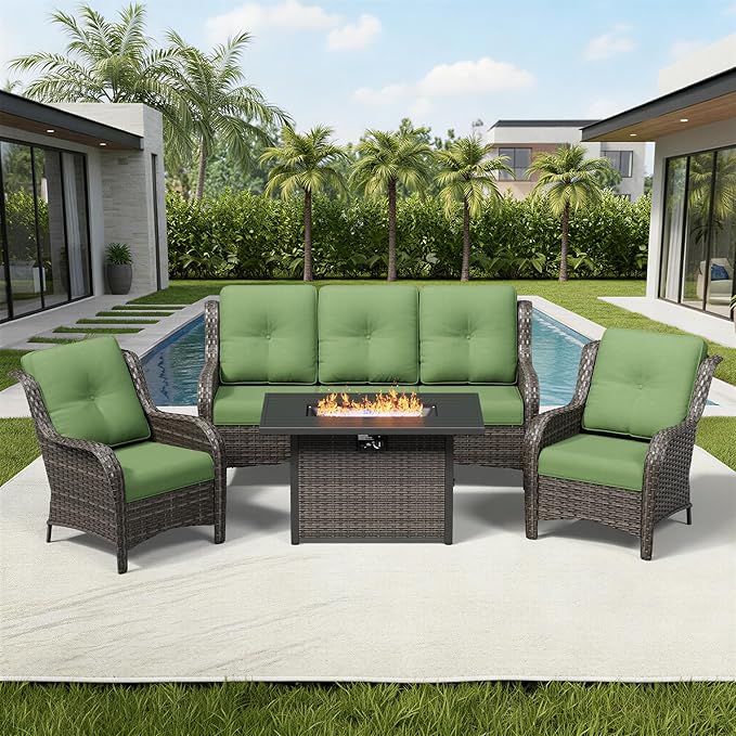 Joyside 4 Piece Wicker Patio Furniture Set with Fire Pit Table, Rattan Patio Chairs with High Back, Deep Seating, Wide Armrest, Thickened Cushions, Outdoor Furniture for Deck, Porch Use