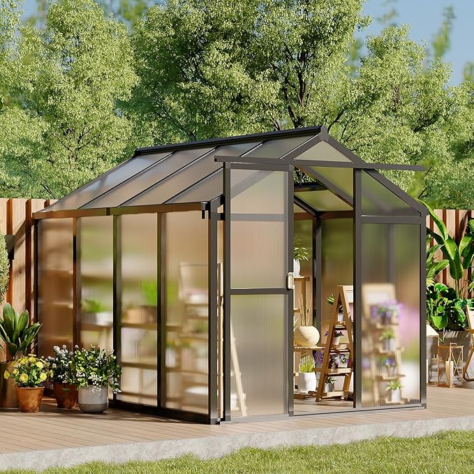 6 X 8 Ft Greenhouse, Greenhouses for Outside, Polycarbonate Greenhouse with Aluminum Frame, Lockable Door and Ajustable Roof Vent for Backyard, Green Houses for Outside Garden Backyard, Patio