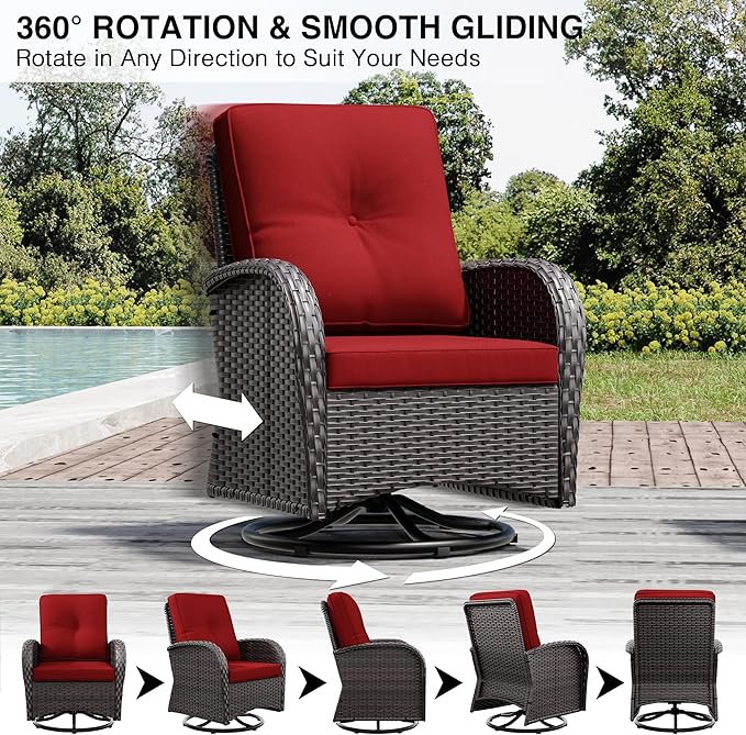 Joyside Wicker Patio Furniture Set with Fire Pit Table, 5 Piece Outdoor Furniture Set with Thickened Cushions, High Back, Deep Seating, Wide Armrest, Outdoor Swivel Rocker Chairs for Porch, Deck