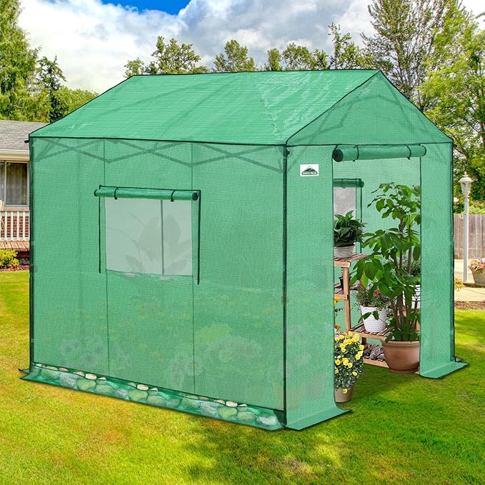 EAGLE PEAK 8x8 Portable Pop Up Greenhouse, Patented Center Lock Easy One Person Setup, Walk-in Outdoor Greenhouse with Gable Roof, Weight Bags, Zippered Doors & Windows, Green