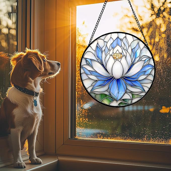 HWRHTR Stained Glass Window Hanging - Blue and White Lotus Petal Suncatcher for Doors Window Home Sun Catchers Decor Christmas Mother's Day July Birthday Gifts for Teacher Women Men Mom Nana 9.8 in