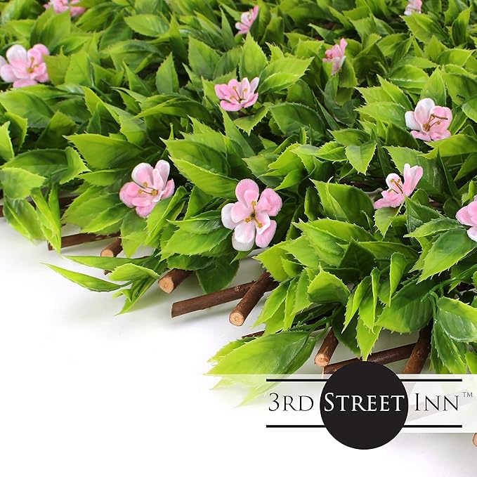 3rd Street Inn Pink Flower Sakura Leaf Trellis 4-Pack - Bamboo Greenery Panel - Boxwood and Ivy Privacy Fence Substitute - DIY Flexible Fencing (Pink Flower Sakura)
