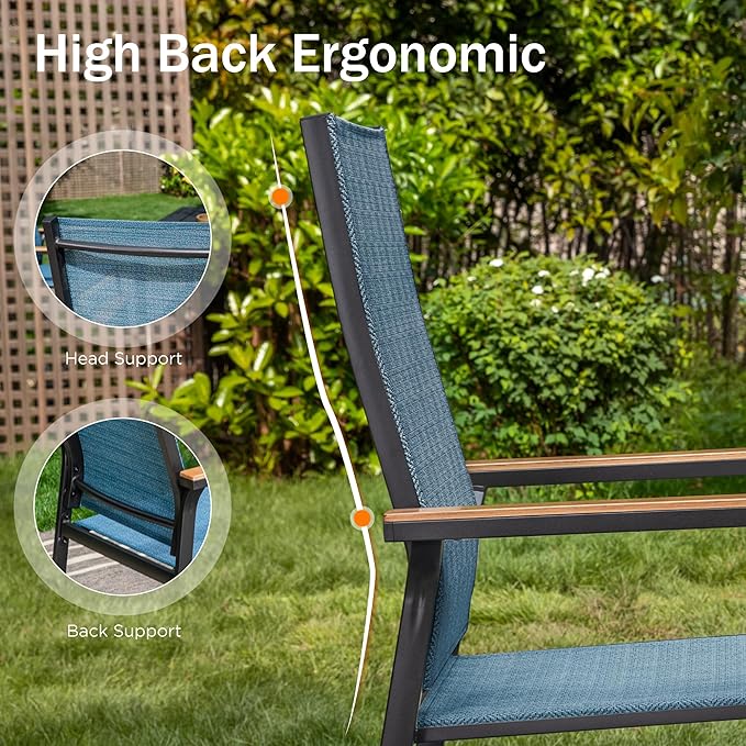 PHI VILLA Outdoor Stackable Chairs, Patio Chairs Set of 8, Light Weight Aluminum Frame with Textilene Fabric & Wood Armrest, High Back Deck Chairs for Poolside Lawn Garden, Blue