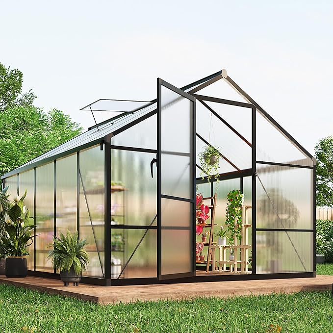8X10 FT Outdoor Polycarbonate Greenhouse, Sturdy Aluminum Frame, Adjustable Roof Vent, Ideal for Backyard, Patio, or Garden, All-Weather Green House for Growing Plants and Vegetables