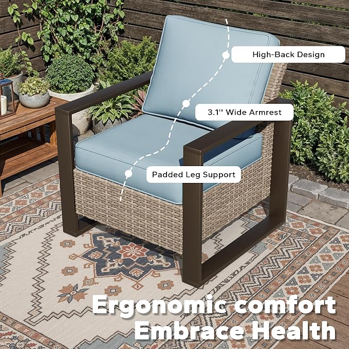 Joyside Outdoor Patio Chairs, 7 Pieces Wicker Rattan Furniture Set, 2 Patio Chairs, 2 Sofa, 2 Ottoman and 1 Table, Metal Wide Armrest, Thick Cushions and Deep Seating for Garden, Backyard, Porch