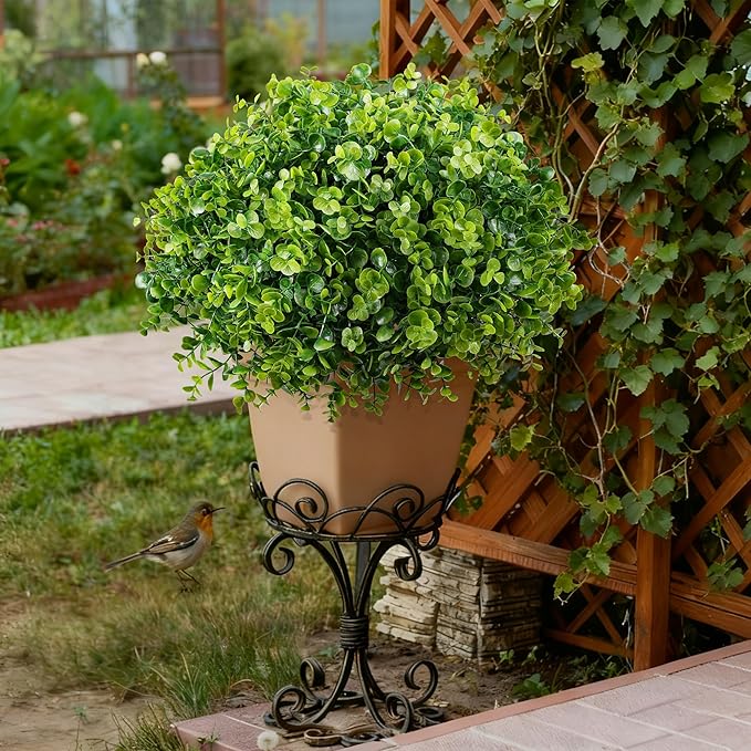 Artificial Faux Outdoor Plants for Spring Summer Decoration, 12 Bundles Fake Plastic Eucalyptus UV Resistant Look Real Fake Plants for Planter Outside Front Door Porch Patio Balcony Garden Indoor Yard