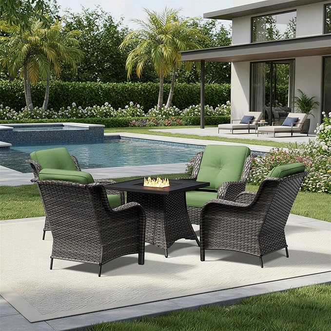 Joyside 5 Piece Wicker Patio Furniture Set with Fire Pit Table, Rattan Patio Chairs with High Back, Deep Seating, Wide Armrest, Thickened Cushions, Outdoor Furniture for Deck, Porch Use