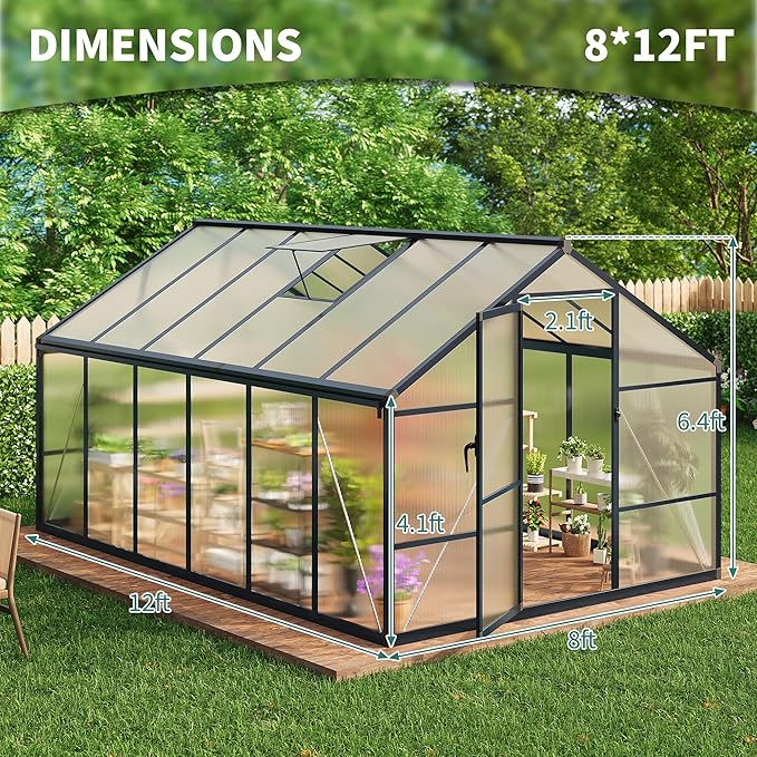 8x12 FT Greenhouse, Polycarbonate Walk-in Greenhouse for Outdoors with Roof Vent & Lockable Outward-Opening Swing Door, Heavy-Duty Aluminum Green House for Garden, Backyard, Patio, Lawn, Dark Grey