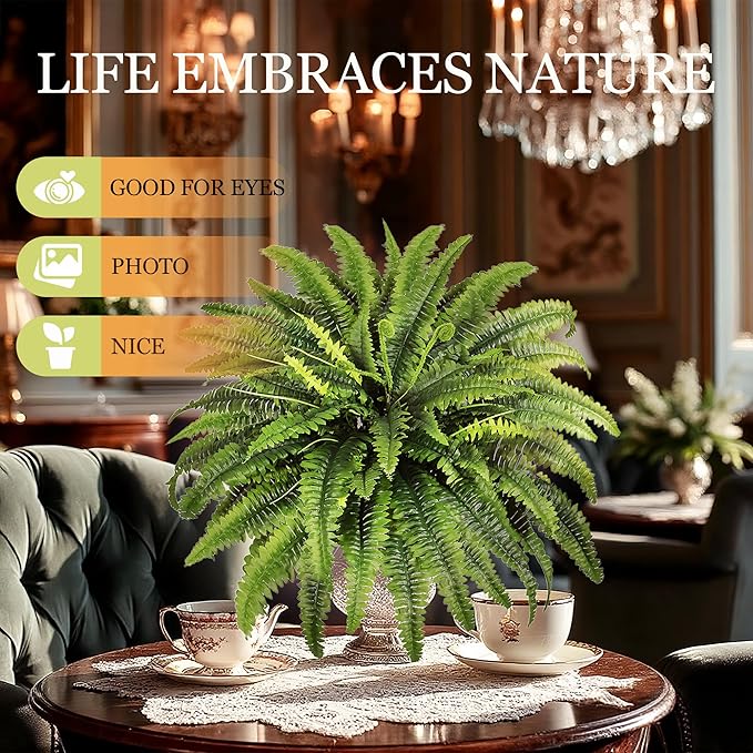 Fake Ferns - 2 Packs Artificial Ferns for Outdoors & Indoors, 45in Large Boston Fern with 55 Fronds, Realistc Faux Greenery Plants Ideal for Porch Entrance Hall Planters Windowsills Office Home Decor