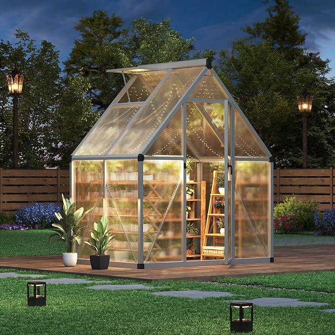 6 x 4 ft Greenhouse, Polycarbonate Walk-in Greenhouse with Aluminum Frame, Adjustable Roof Vent and Lockable Door, Green Houses for Outside, Garden, Backyard and Patio, Easy Assembly
